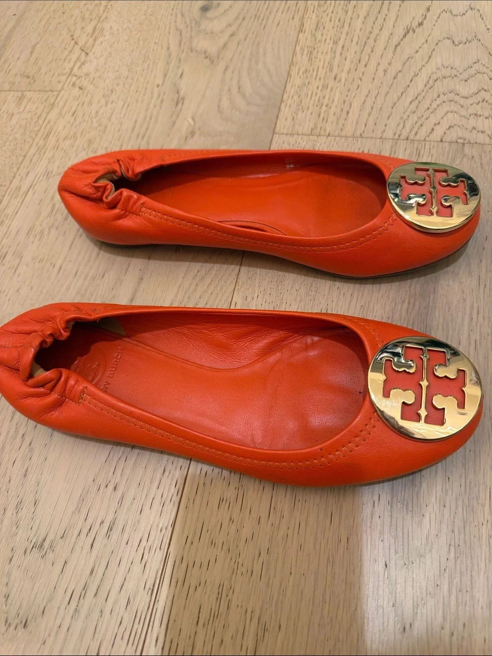 Tory Burch Bright Orange Leather Logo Ballet Flats